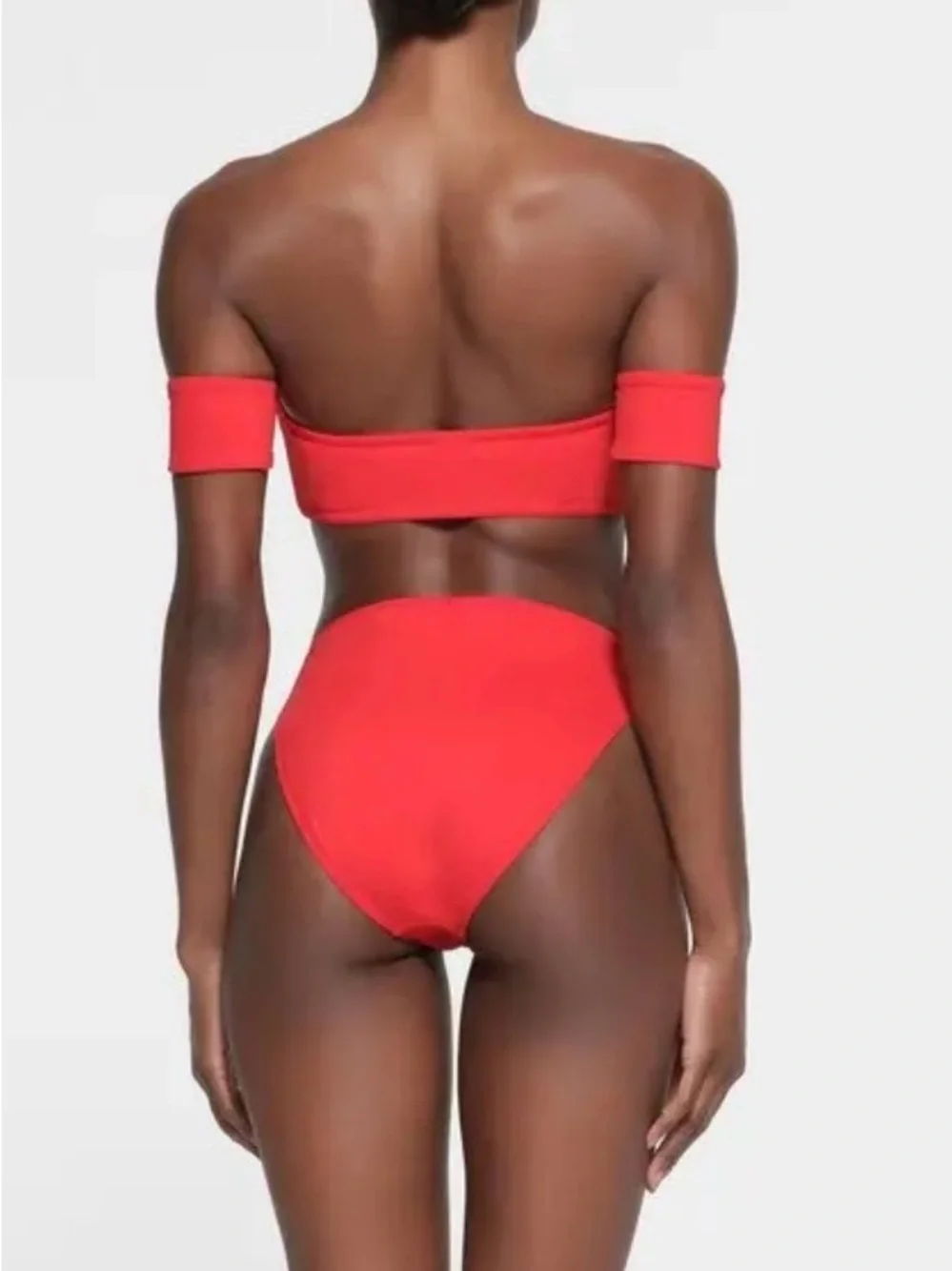 Skims 2Pc SET Twisted Off-Shoulder Bikini Top & Mid Waist Bottoms Ruby Red M